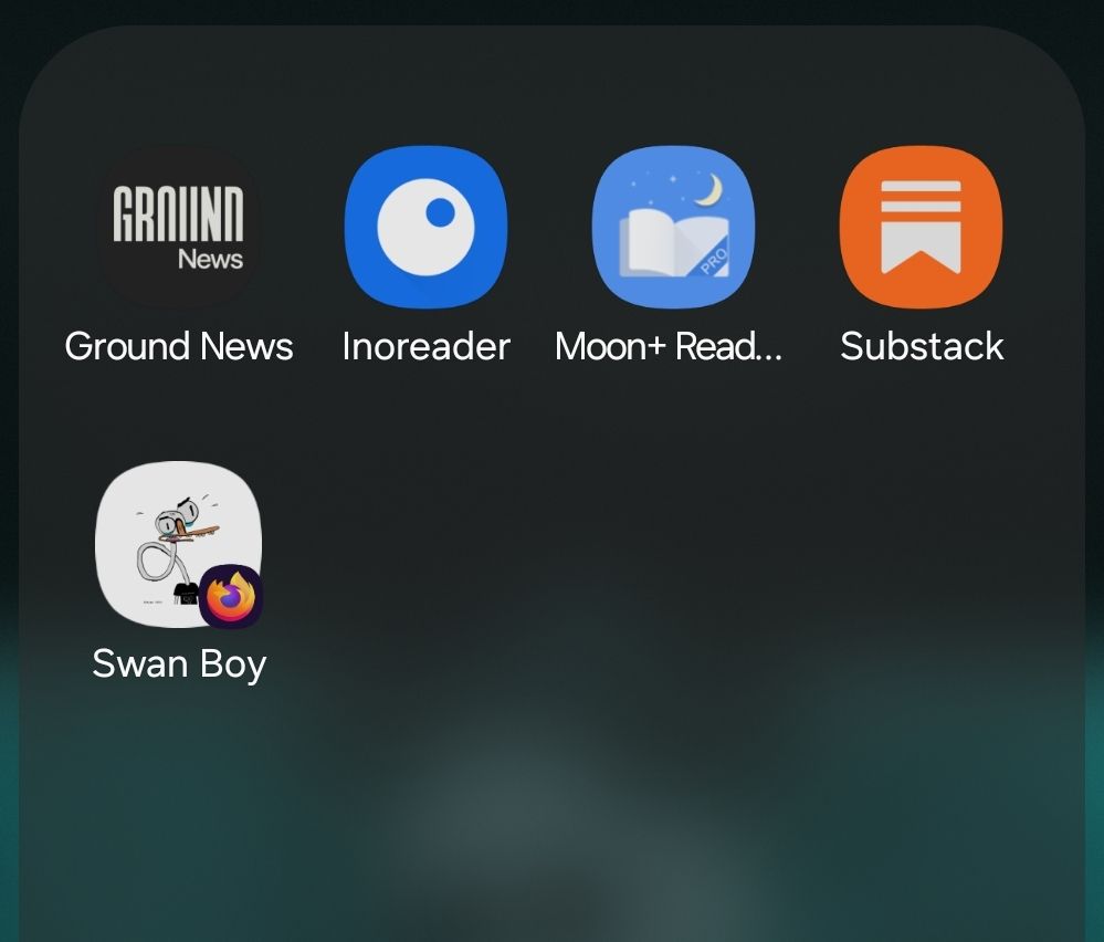A screenshot of an Android home screen with icons for "Ground News", "Inoreader", "Moon+ Reader", "Substack", and "Swan Boy"