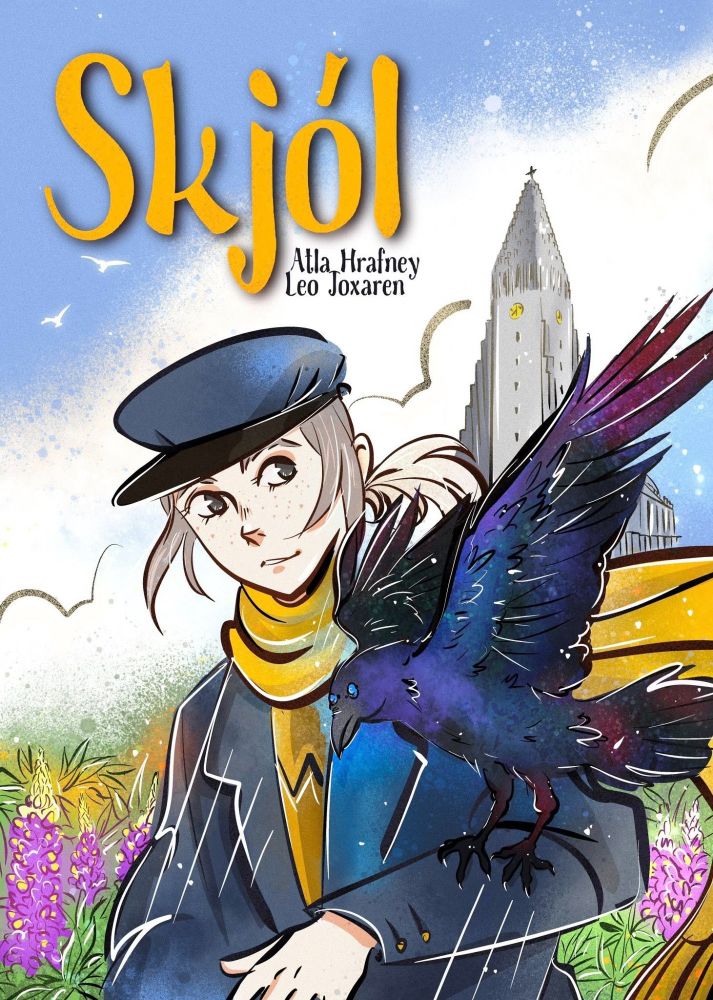 The cover to the comic Skjól, written by Atla Hrafney and drawn by Leo Joxaren. The lead character, Dima, is wearing a blue train conductor costume with a yellow scarf. On his hand is a three-eyed raven with its wings out. Behind Dima are plants called Alaskan Lupine, and in the far background is the Icelandic church Hallgrímskirkja. 