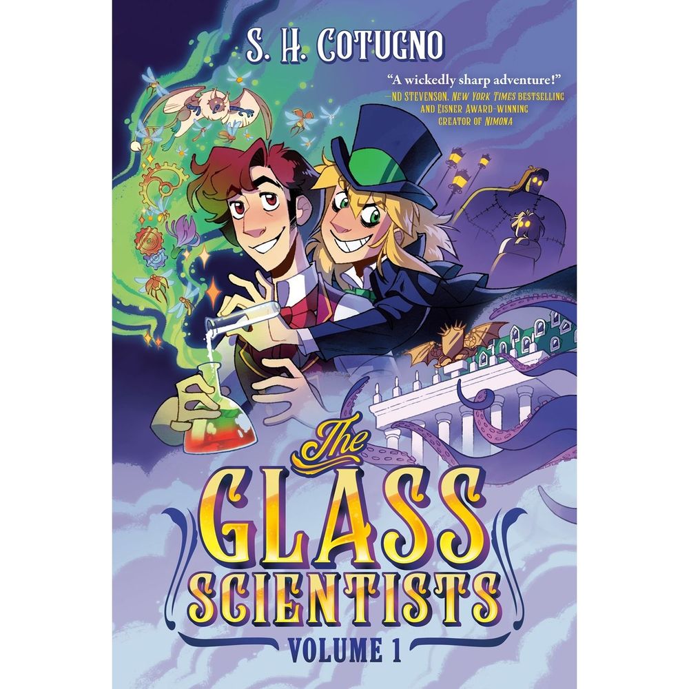 The cover of the comic Glass Scientists, published online and collected in print by Penguin Random House. The cover shows two characters, Doctor Jekyll and the mischevious Mr Hyde. The glass beaker Hyde is holding oozes a green mist, from which things like flowers and an owlbear can be seen. Behind them are mysterious figures in the London gaslight, as well as the institution that Jekyll works at. it seems covered in purple tentacles. Underneath all of this is a fine, thick mist.