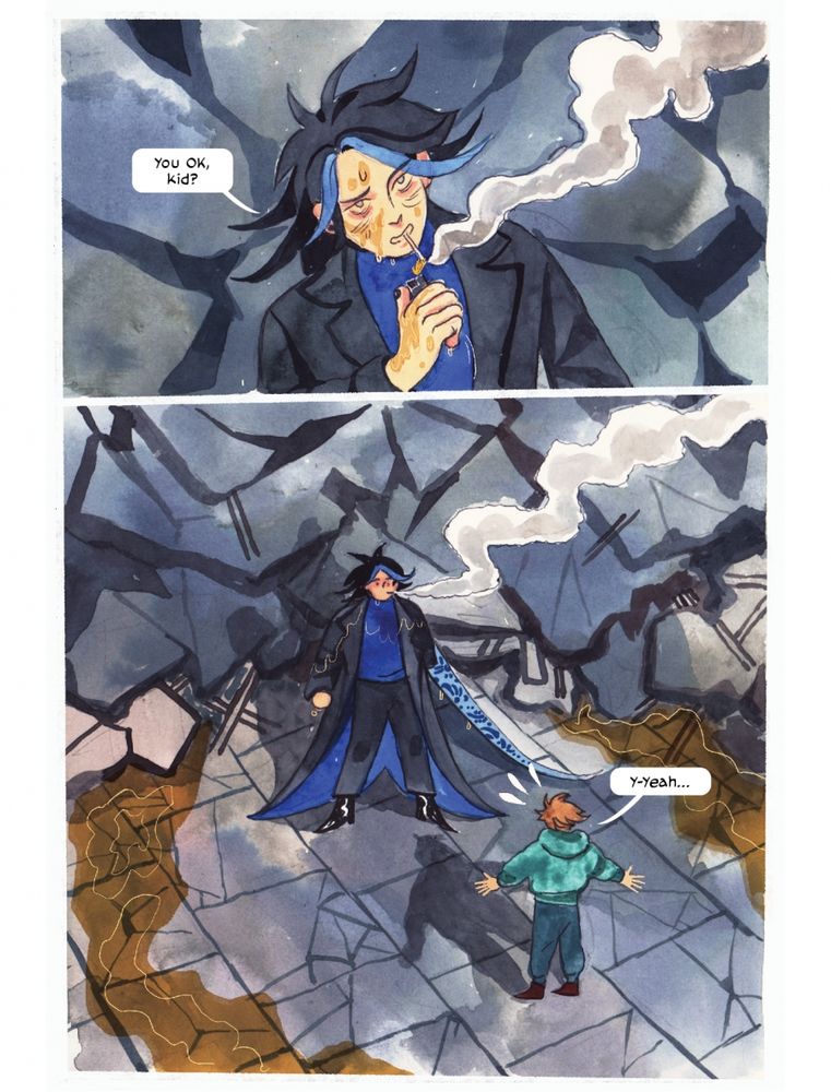 A page from Gzhel Guardian, the webcomic Atla writes. In this page, we see Leo, the lead character, who has seemingly saved a young kid. Leo seems stressed, and has lit a cigarette. His left hand is a sword made of porcelain, white with intricate blue markings. Around them are big puddles of oil that streak outwards.