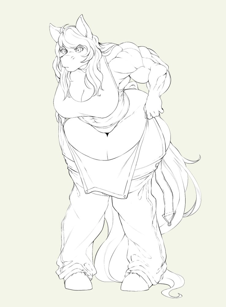 a line art of a furry muscle girl having trouble putting on a jumpsuit
