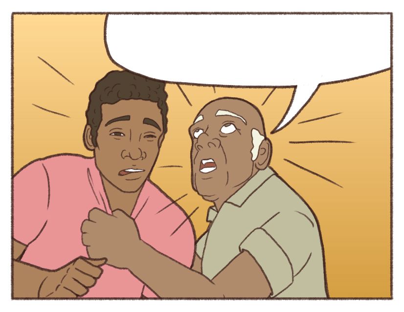 Herb grabs Drew's shirt in terror.