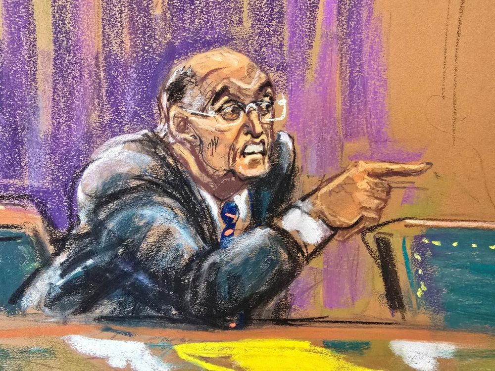 A courtroom sketch of Rudy Giuliani angrily pointing as if the newsstand guy just told him they were all out of Cousin Fuckers Monthly