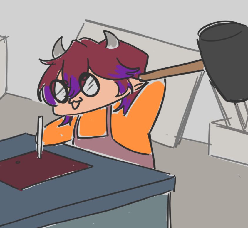 OC Kajo lifting a dramatically big mallet hammer in prep to strike down on a book cover