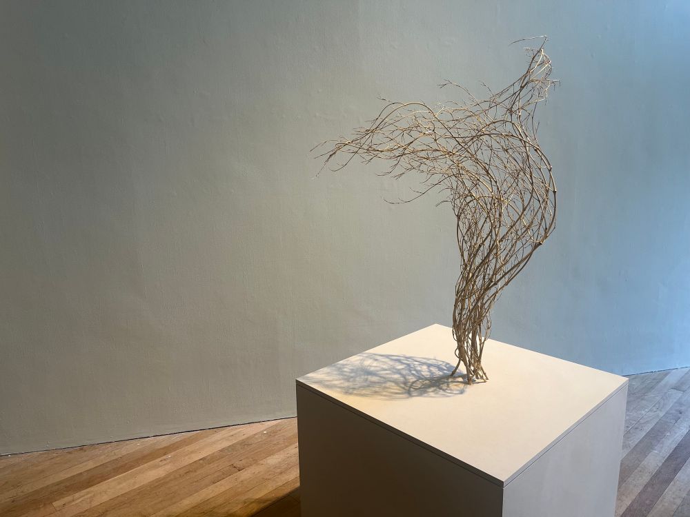 Picture of an art gallery with a sage green wall and white block. Atop the block is a precariously placed wisp of wicker.