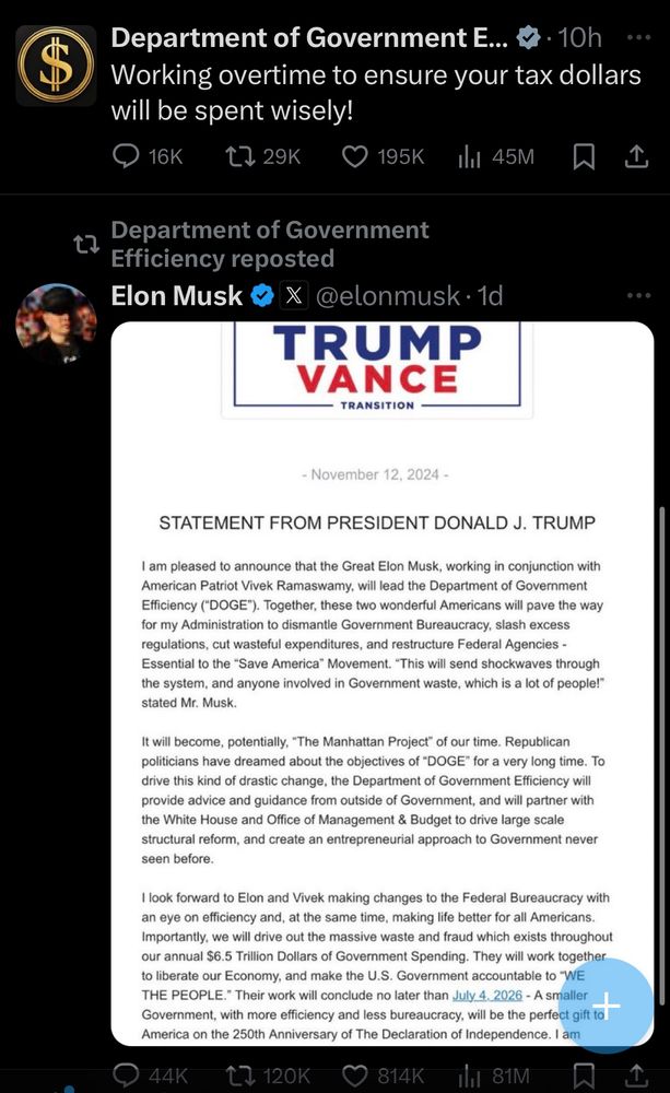 Screenshot of the Department of Government Efficiency’s Xitter feed, comprising its only two posts so far. The first says “Working overtime to ensure your tax dollars will be spent wisely!” and the other is an image of Donald Trump’s statement announcing the proposed department, to be led by Elon Musk and Vivek Ramaswamy.