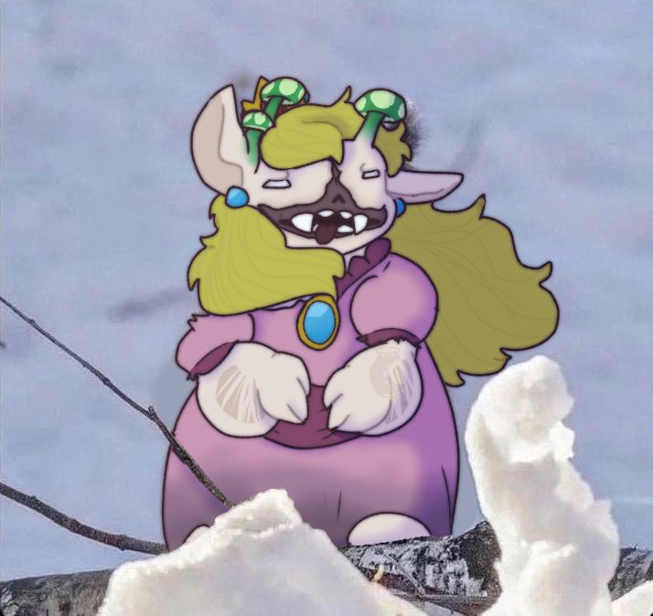 A image of the Contaminated Princess drawn over/drawn as the squirrel form the “squirrel being hit by a sudden gust of wind” meme