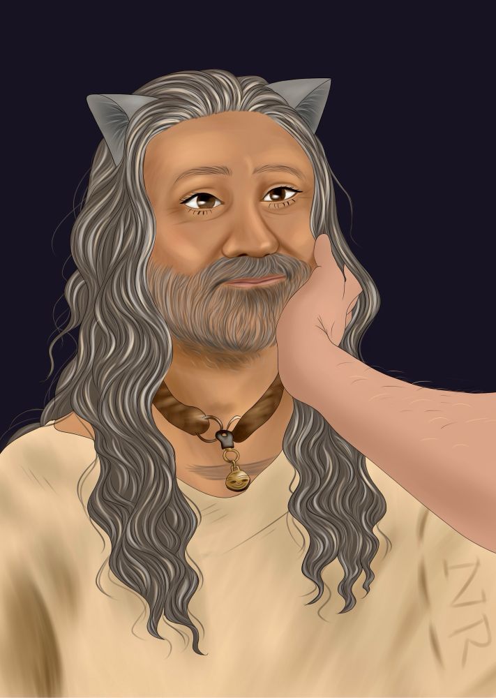 digital drawing of ed with kitty ears smiling lovingly up at stede who’s out of frame except for his arm and his hand, which is cupping ed’s cheek as ed nuzzles into him