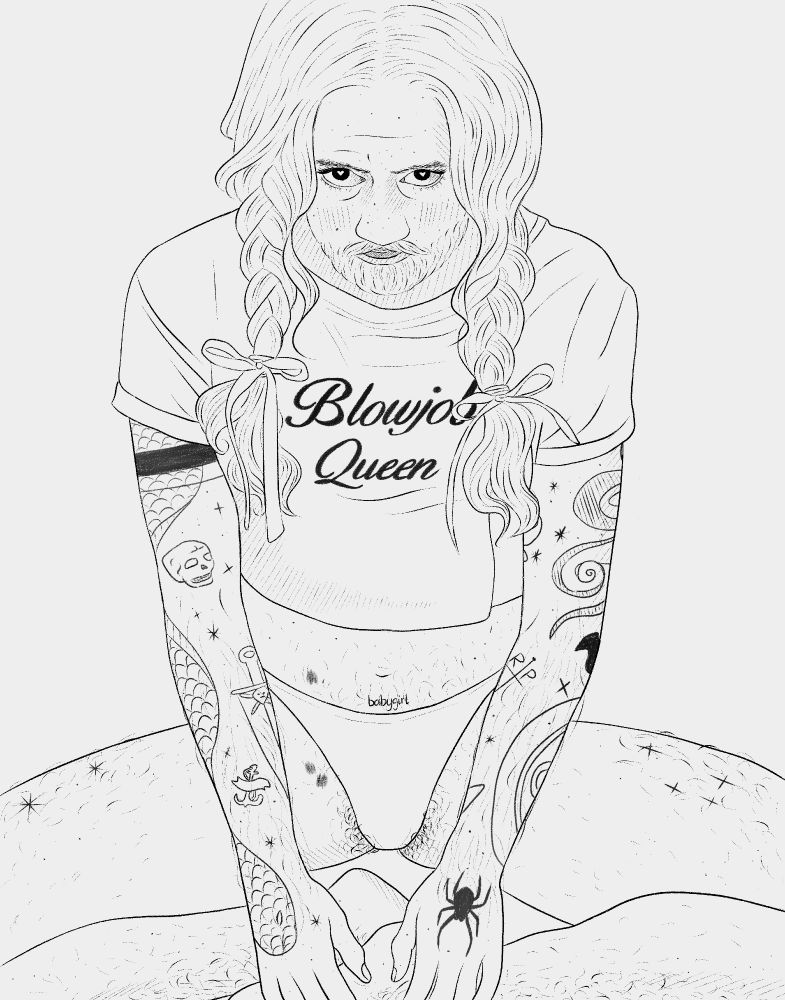 a digital black and white sketch of ed teach. he’s sitting on the floor with his legs apart and bent at the knees so his hands are touching his feet. he’s wearing small panties with his bush poking out and a ‘babygirl’ tattoo above them. he’s also wearing a crop top which says ‘blowjob queen’. he’s looking up at the viewer with big pleading eyes. he also has his hair in two loose braids tied up in ribbon coming over his shoulders. there are hickeys on his tummy and near his panties