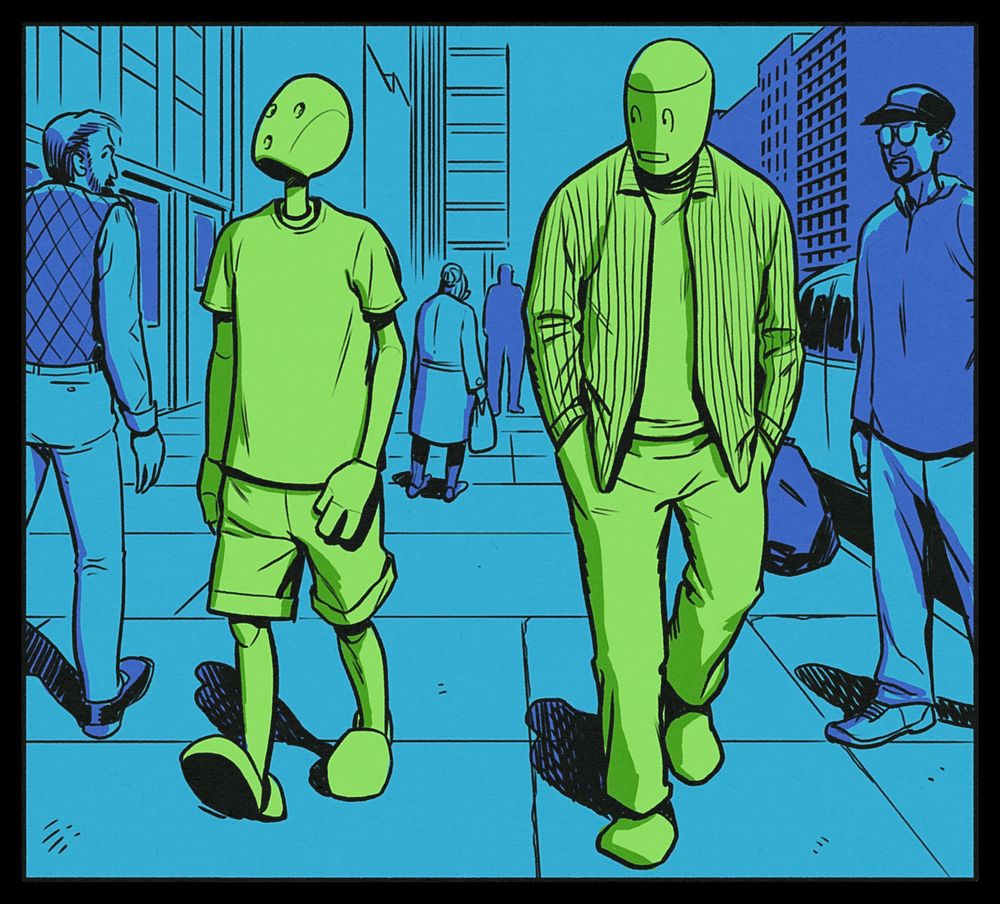 No dialogue. Chris and Ben are walking toward the viewer. Chris is wearing baggy shorts and a loose t-shirt. Ben is wearing long trousers and a striped, unbuttoned over-shirt.