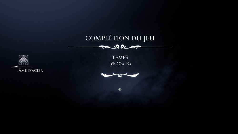 Écran de completion du jeu avec le temps de la run, et le succès Ame d'Acier