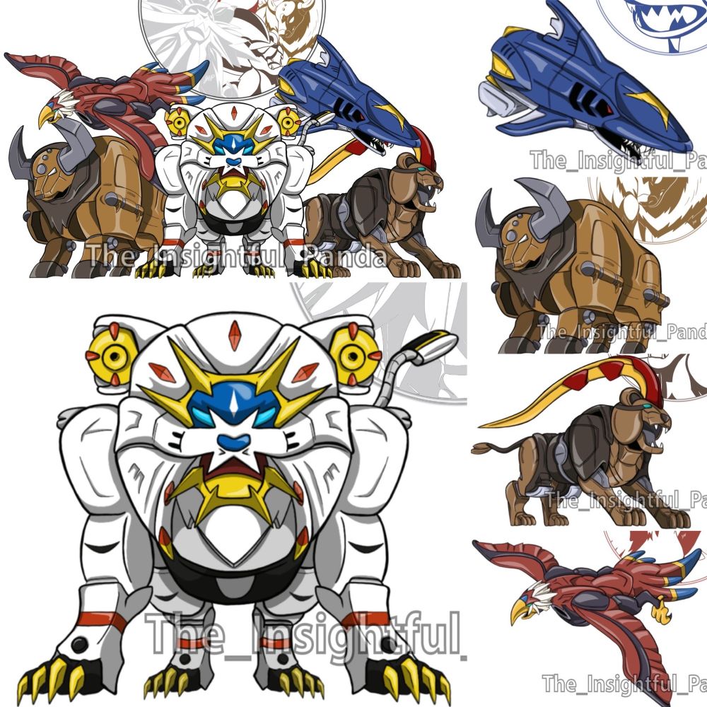 The individual components of the Power Rangers WildForce Megazord altered to look like Pokemon. The Lion, Shark, Bison, Tiger and Eagle Zords now resemble Solgaleo, Sharpedo, Tauros, Pyroar (female) and Braviary respectively.
