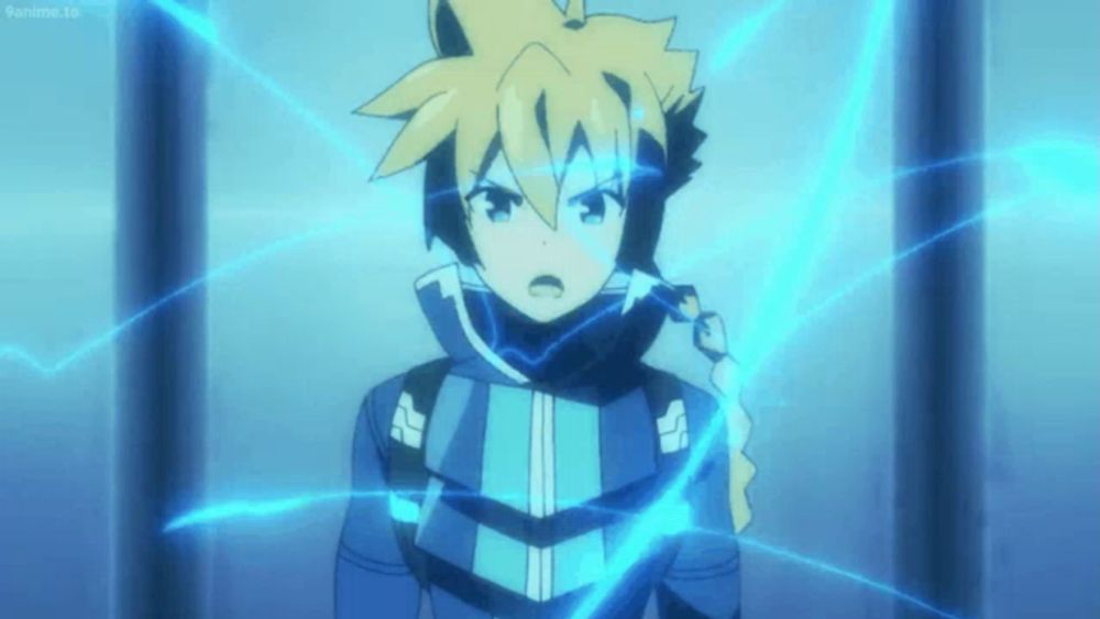 a boy in a blue suit is surrounded by blue lightning