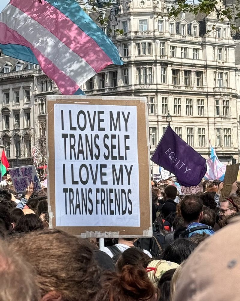 Someone holding a sign saying "i love my trans self. I love my trans friends."