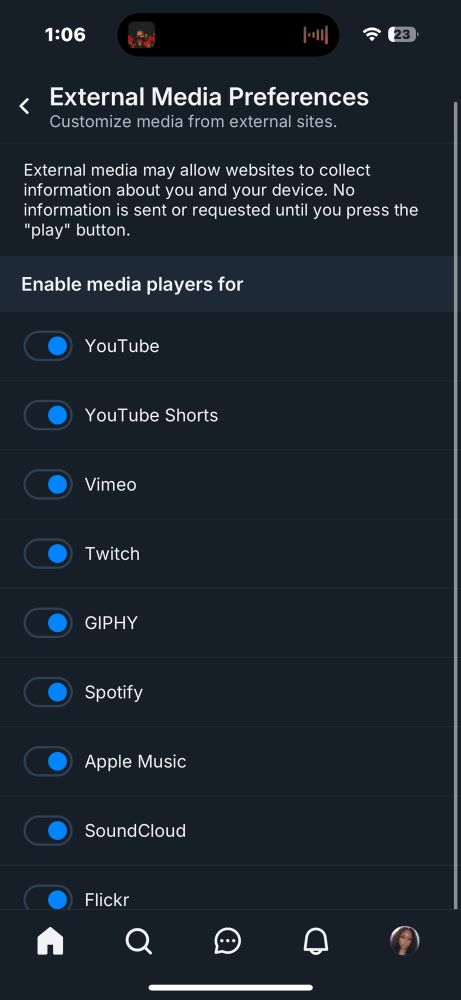 Screenshot of external media preferences options in Bluesky settings
