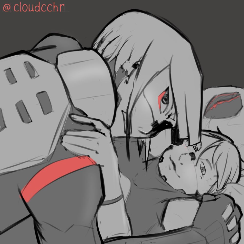 a quick sketch of replikas Star and Eule from the game Signalis
Star and Eule are on the bed, Star is on top holding herself on her arms over Eule, the scene implies viewer interrupting them kissing or something similar, both of them looking into the camera - Star has an angry expression with gritted teeth and clenched fists; Eule is holding Star by the shoulder and has a sly expression with a bit of a blush