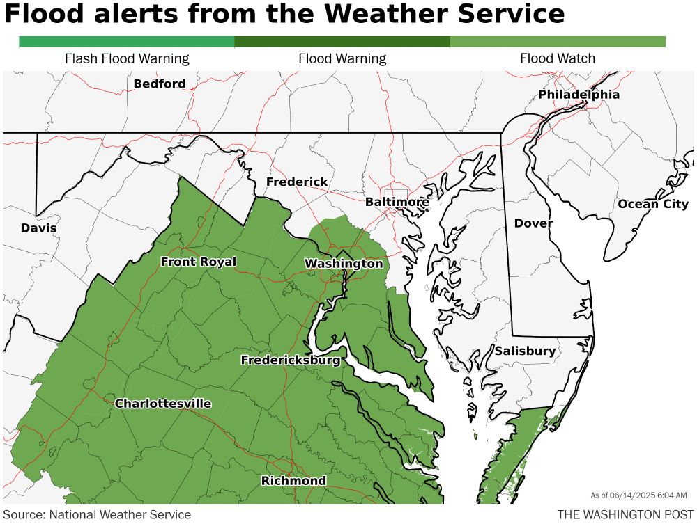 Flood watch map for the DC area Saturday. Mainly south of the Potomac River except in the immediate DC area. 