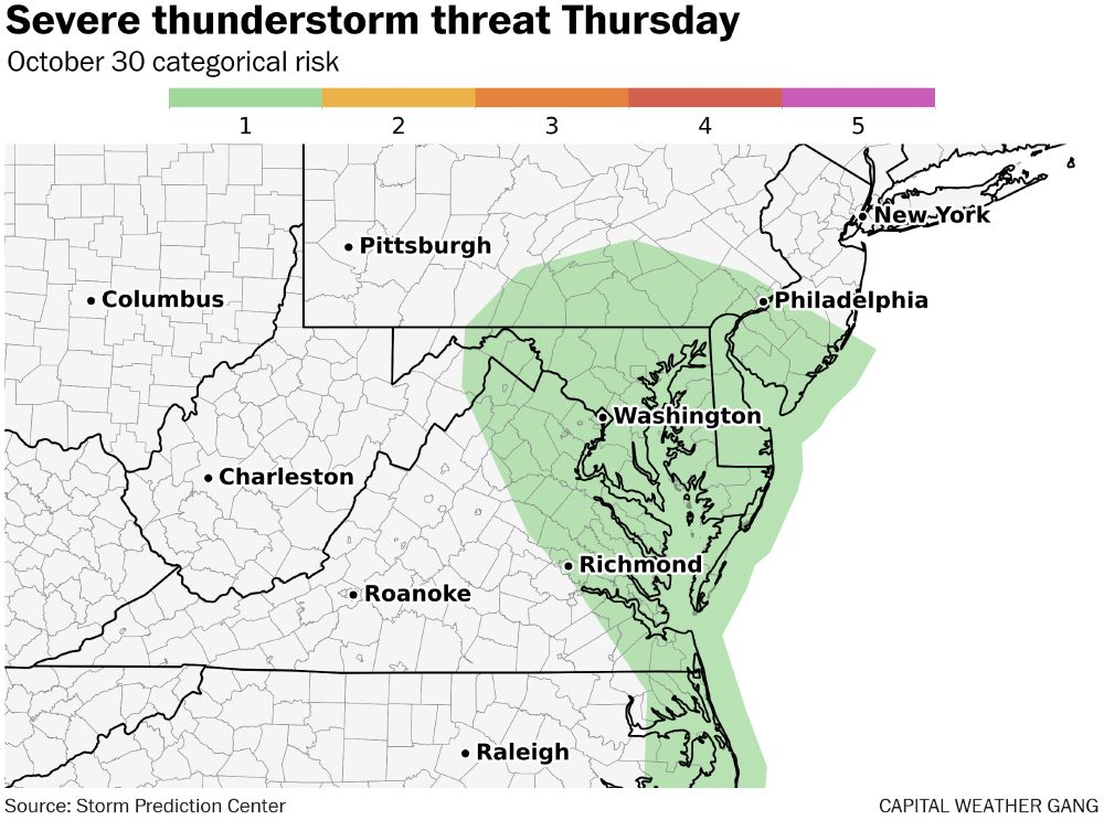 Severe thunderstorm risk on Thursday. It covers all the DC area and the coastal region from southern NJ to eastern NC. 