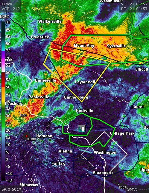 Radar showing storms and warnings at 5pm