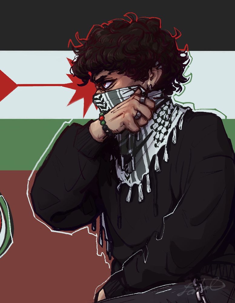 Musician, CORPSE’s, persona on one knee, wearing a keffiyah like a scarf and holding it over his nose while looking off to the side with an angry glare. He’s wearing all black ripped jeans and a hoodie, along with a belt chain. Behind him is the Palestinian flag and next to him are some doodles of watermelons. His figure is accented with coloured lines that match the Palestinian flag (red, white and green).