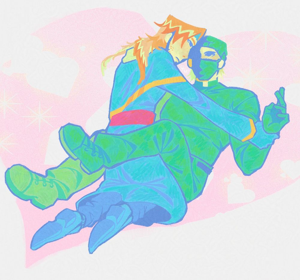 A man in a blue priest outfit is lying on top of another man in green while sitting on his thighs, both looking close to eachother.