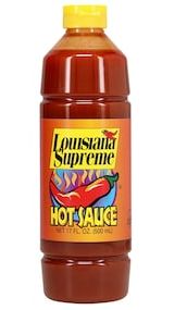 standard stock photo of most common size of Louisiana Supreme hot sauce