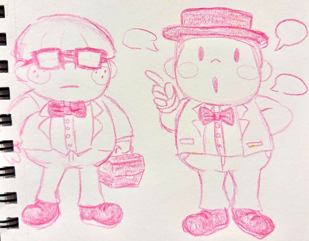 a traditional colored pencil sketch of Jeff and Tony from Earthbound, with Tony talking with speech bubbles and Jeff standing beside him