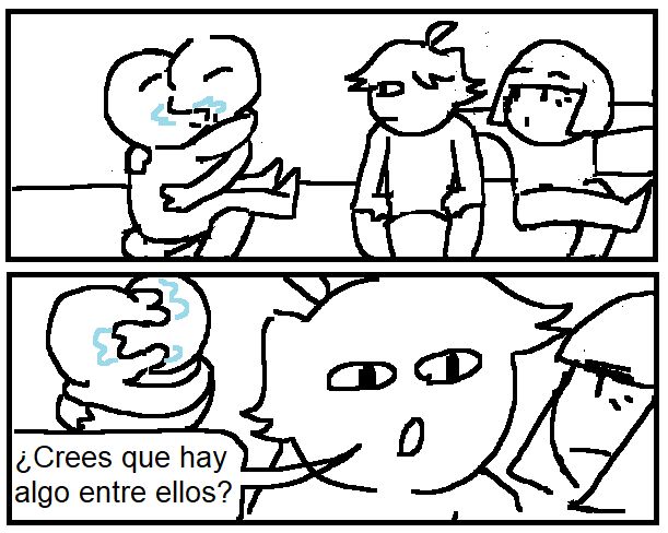 Cómic de 2 viñetas
1era viñeta: Dos personajes observan como otros dos se morrean a su lado con baba y abrazo
2da viñeta: Uno de los observadores le pregunta al otro "¿Crees que hay algo entre ellos?", mientras las caras de los otros 2 están fusionadas en babas

2 panel comic
1st panel: Two characters observe how other two characters are kissing deeply with drool and a gripping hug
2nd panel: One of the characters asks the other "Do you think there's something between 'em?" while the faces of the other 2 are fused by drool alone
