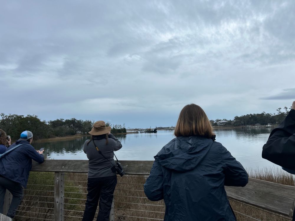 Three women standing on beach looking out to ocean inlet to spot birds. 