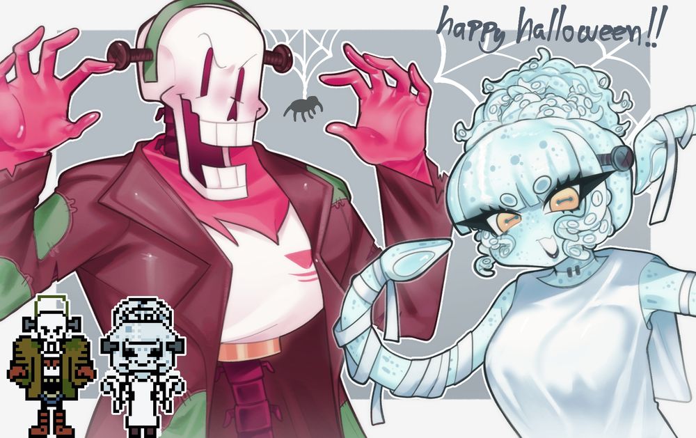 papyrus and an original octopus character named serene, both wearing halloween costumes. papyrus is dressed as frankenstein, and serene is dressed as frankenstein's bride.