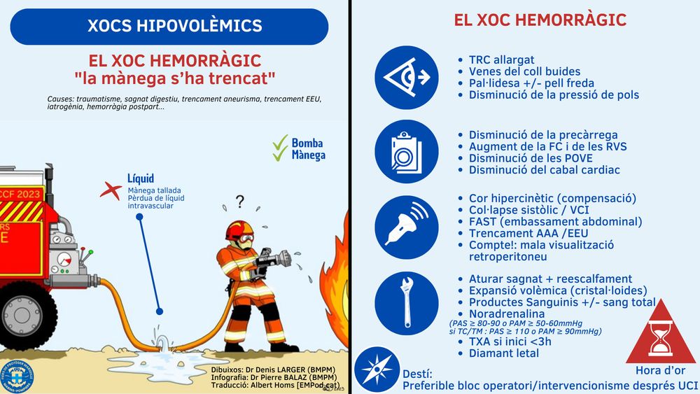 Infografia metàfora bomberil del xoc hemorràgic 
En el dibuix de l'esquerra un bomber intentant apagar un foc, la mànega està punxada i perd l'aigua pel forat. 

Diferents quadres de text que diuen: 
EL XOC HEMORRÀGIC "la mànega s’ha trencat" 

Causes: traumatisme, sagnat digestiu, trencament aneurisma, trencament EEU, iatrogènia, hemorràgia postpart... 

Signes clínics: 
TRC allargat
Venes del coll buides
Pal·lidesa +/- pell freda
Disminució de la pressió de pols 

Característiques hemodinàmiques: 
Disminució de la precàrrega 
Augment de la FC i de les RVS
Disminució de les POVE
Disminució del cabal cardíac

Característiques ecogràfiques: 
Cor hipercinètic (compensació)
Col·lapse sistòlic / VCI
FAST (embassament abdominal)
Trencament AAA /EEU
Compte!: mala visualització retroperitoneu

Tractament: 
Aturar sagnat + reescalfament
Expansió volèmica (cristal·loides) 
Productes Sanguinis +/- sang total
Noradrenalina (PAS ≥ 80-90 o PAM ≥ 50-60 mmHg si TC/TM : PAS ≥ 110 o PAM ≥ 90 mmHg) 
TXA si inici <3h
Diamant letal

Destí: 
Preferible bloc operatori/intervencionisme després UCI