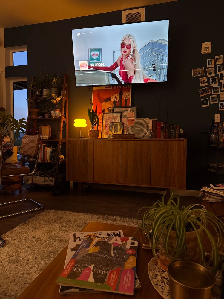 Living room with tv playing new Kesha album song on tv