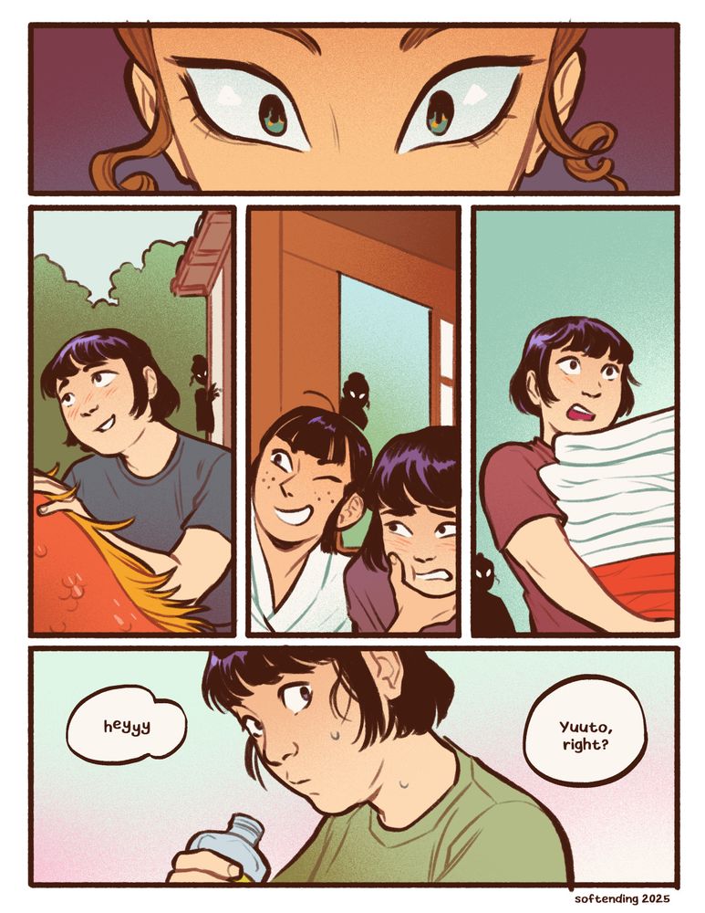 Comic page: Hisa stares at Yuuto ominously from a distance in multiple panels as he hangs out with Captain and the girls and helps them around the shrine. She approaches him, off panel, saying: "heyyy, Yuuto, right?"