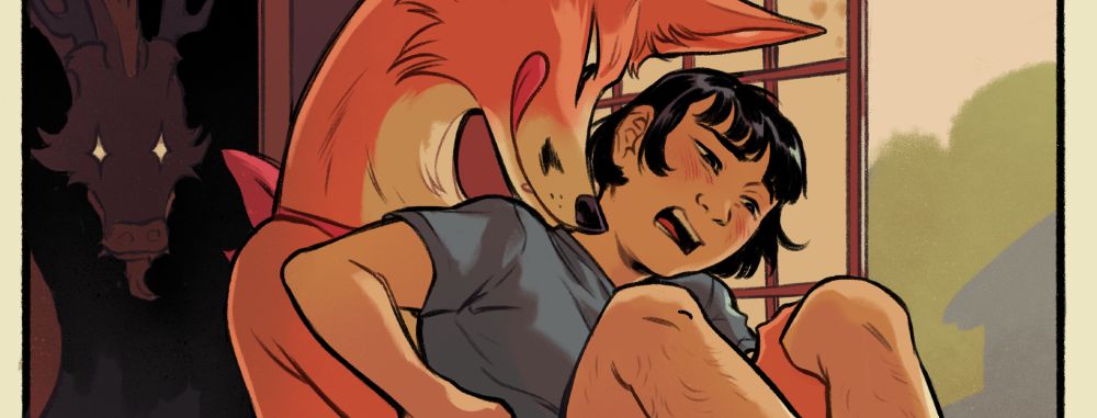 Cropped illustration of Yuuto being held by Hisa in kitsune form. In the darkness behind them, Captain is looming.