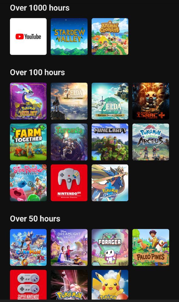 Screenshot from the Nintendo Store app showing the games played and how many hours