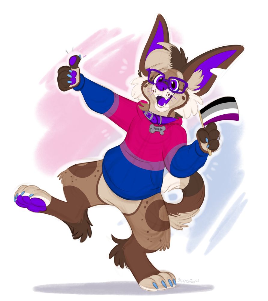 An anthropomorphic chihuahua is wearing a bisexual flag hoodie and is waving an asexual flag around. The character looks like she is happily dancing, while smiling and giving a thumbs up.