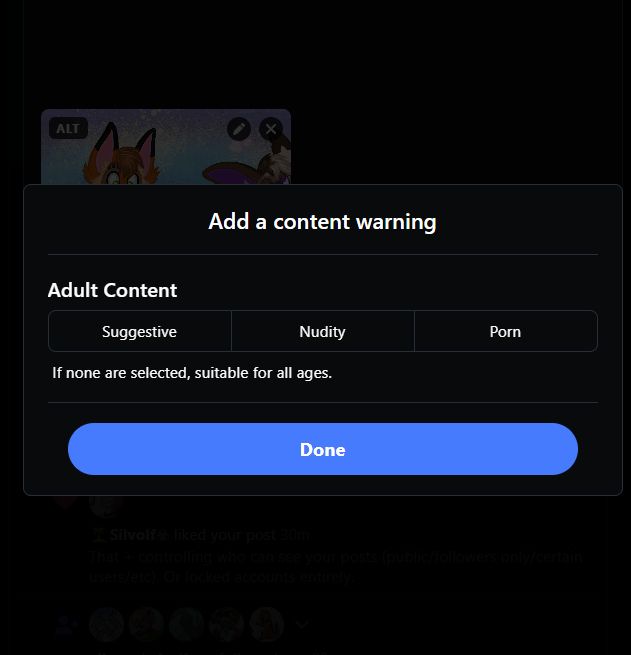 Post composer screenshot showing the content warnings