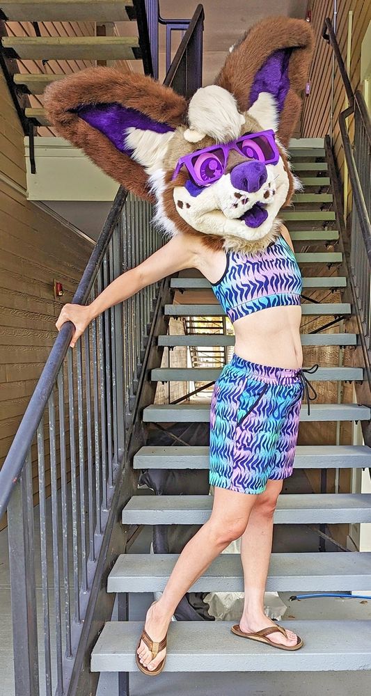 Jordan the Chihuahua fursuit standing on a stairwell outside in an apartment complex. They're wearing a tomboyish bathing suit too and shorts, and flip flops.