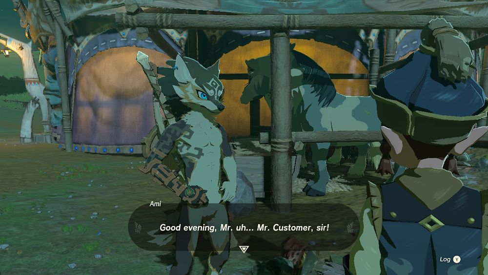 A screenshot from The Legend of Zelda: Tears of the Kingdom for the Nintendo Switch. The game has been modded, to replace Link's normal appearance with an anthropomorphic version of Wolf Link from Twilight Princess. He is standing near a stable, with no clothes on, and talking to a child. The child says, "good evening, Mr. uh... Mr. Customer, sir!".