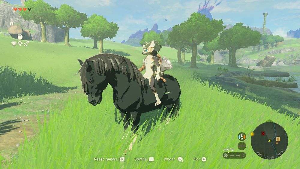 A screenshot from The Legend of Zelda: Tears of the Kingdom for the Nintendo Switch. The game has been modded, to replace Link's normal appearance with an anthropomorphic version of Wolf Link from Twilight Princess. Wolf Link is sitting on a black horse; they're not moving. They're in a field. Wolf Link is also not clothed.