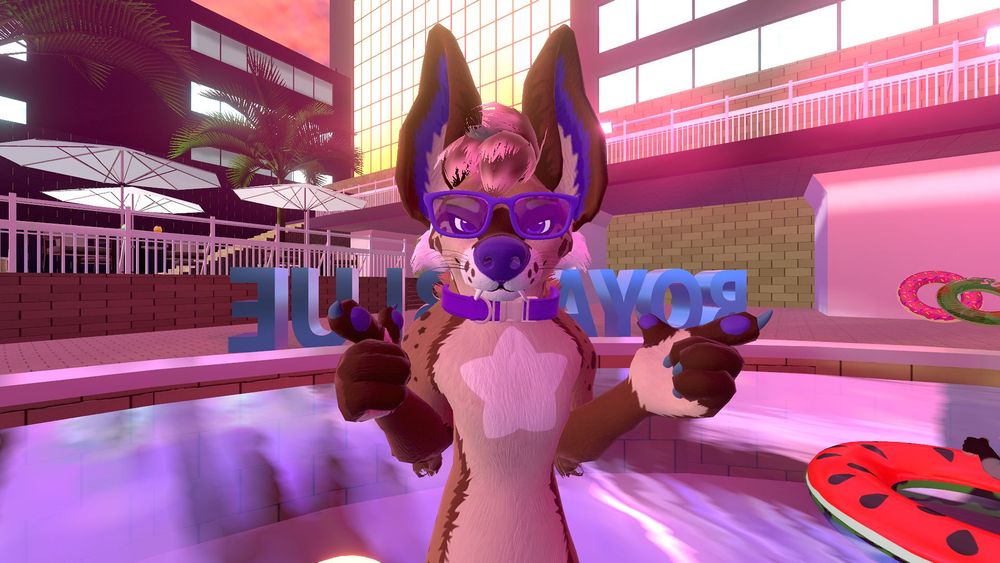 Jordan the Chihuahua in VRChat standing in front of a pool posed with a sly expression on their face and doing finger guns.