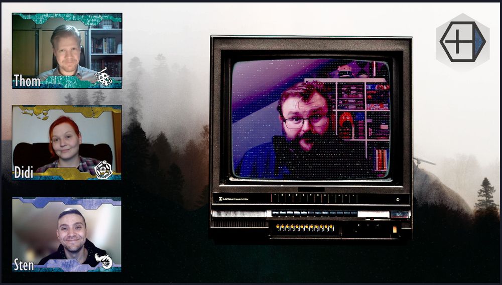 A layout of an upcoming Actual Play video of +H Tabletop Roleplaying Game with three image frames of the players on the left side and with the Gamemaster in a larger image frame in the center.
