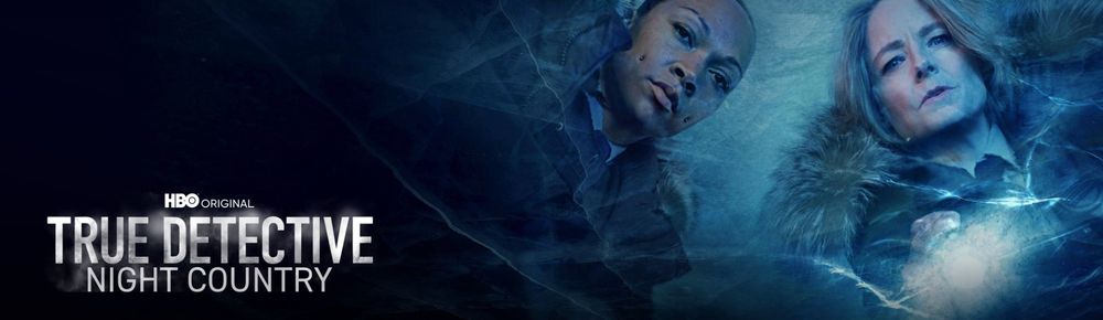 The menu title of True Detective: Night Country from HBO Max, with the two main characters watching the viewer as if through a sheet of ice.