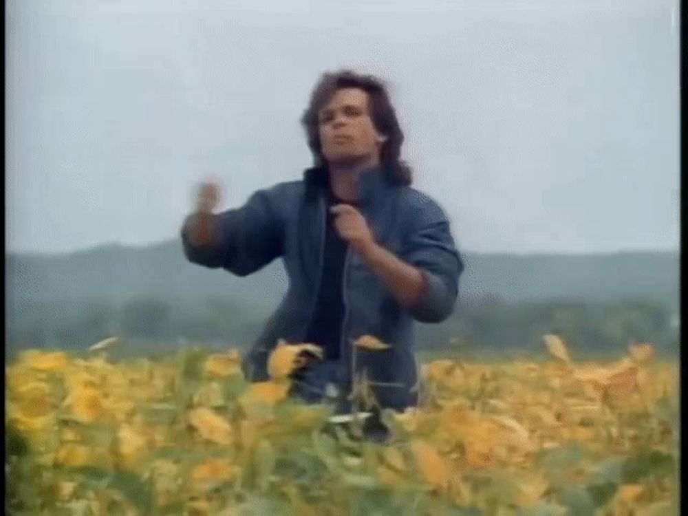 a man is standing in a field of sunflowers and dancing .