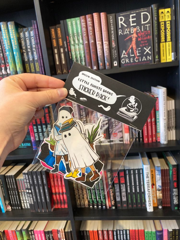 The little ghosts sticker pack! Holds 5 reading ghost stickers (all 4 inches long) with a cardboard label that has the little ghosts logo. The label reads “Special Edition Little Ghosts Books Sticker Pack”
