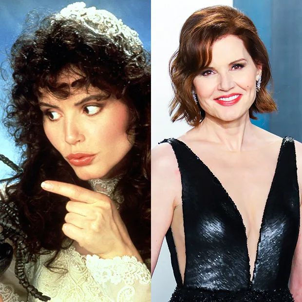 On left Geena Davis from BeetleJuice holding a bug, on right Geena Davis in her 50's at an award's show in a black, glossy gown