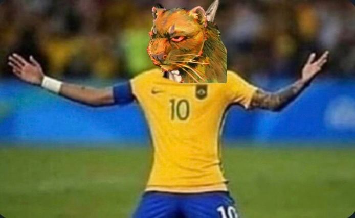 silly image of brazilan football player with a drawing of a jaguarundi's face pasted on it
