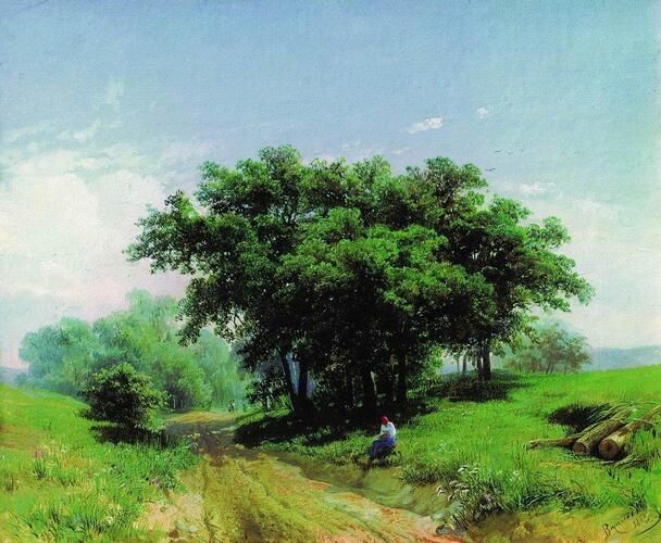 “Summer Hot Day” by Fyodor Vasilyev captures the serene beauty of a sunny landscape, where lush green trees cast cool shadows along a dirt path. The painting reflects Vasilyev's mastery of light and atmosphere, evoking the warmth and tranquility of a languid summer afternoon.