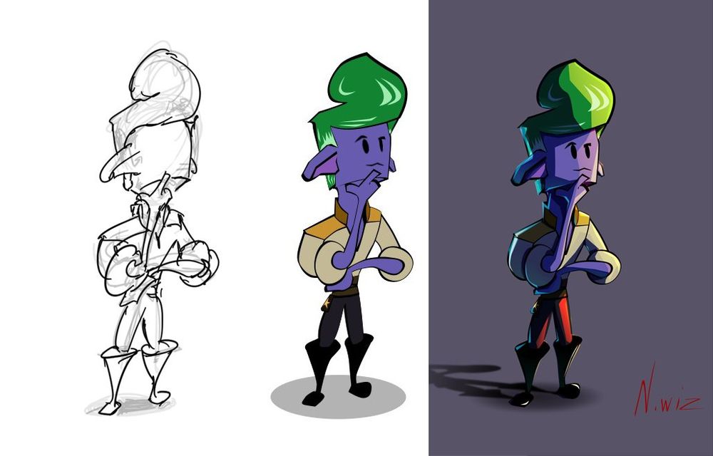 the same character three times. line art. flat color. lit. character is a space elf man with purple skin and green hair, doing a contemplative pose