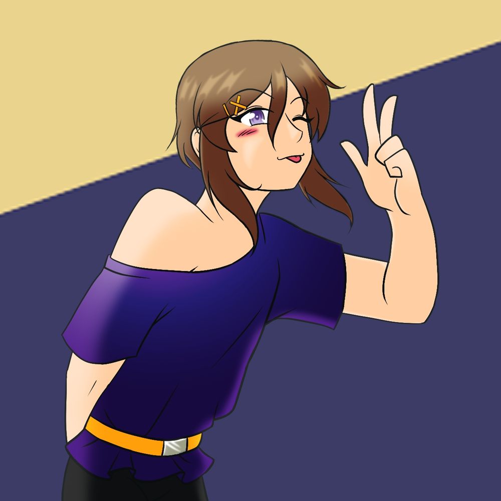 My OC Tomoni as I first drew him for the CRC rp group on Twitter. Here he has short light brown hair with long side bangs and violet eyes while wearing an off the shoulder perple shirt with a yellow belt to cinch his waist that matches the yellow hairclips holding back his bangs. He strikes a playful pose, holding a peace sign while blepping.